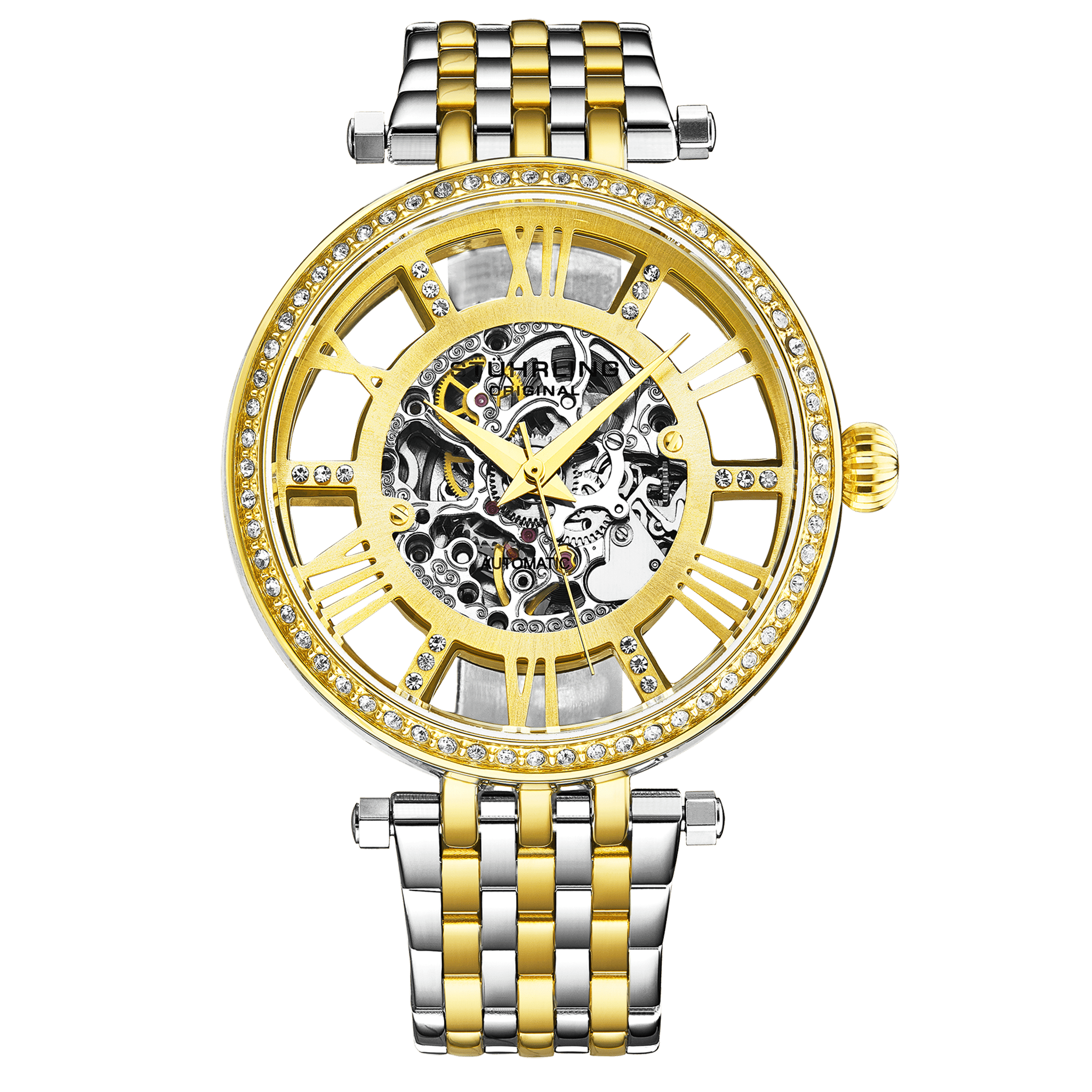 Gold and silver watch with intricate design on a green background