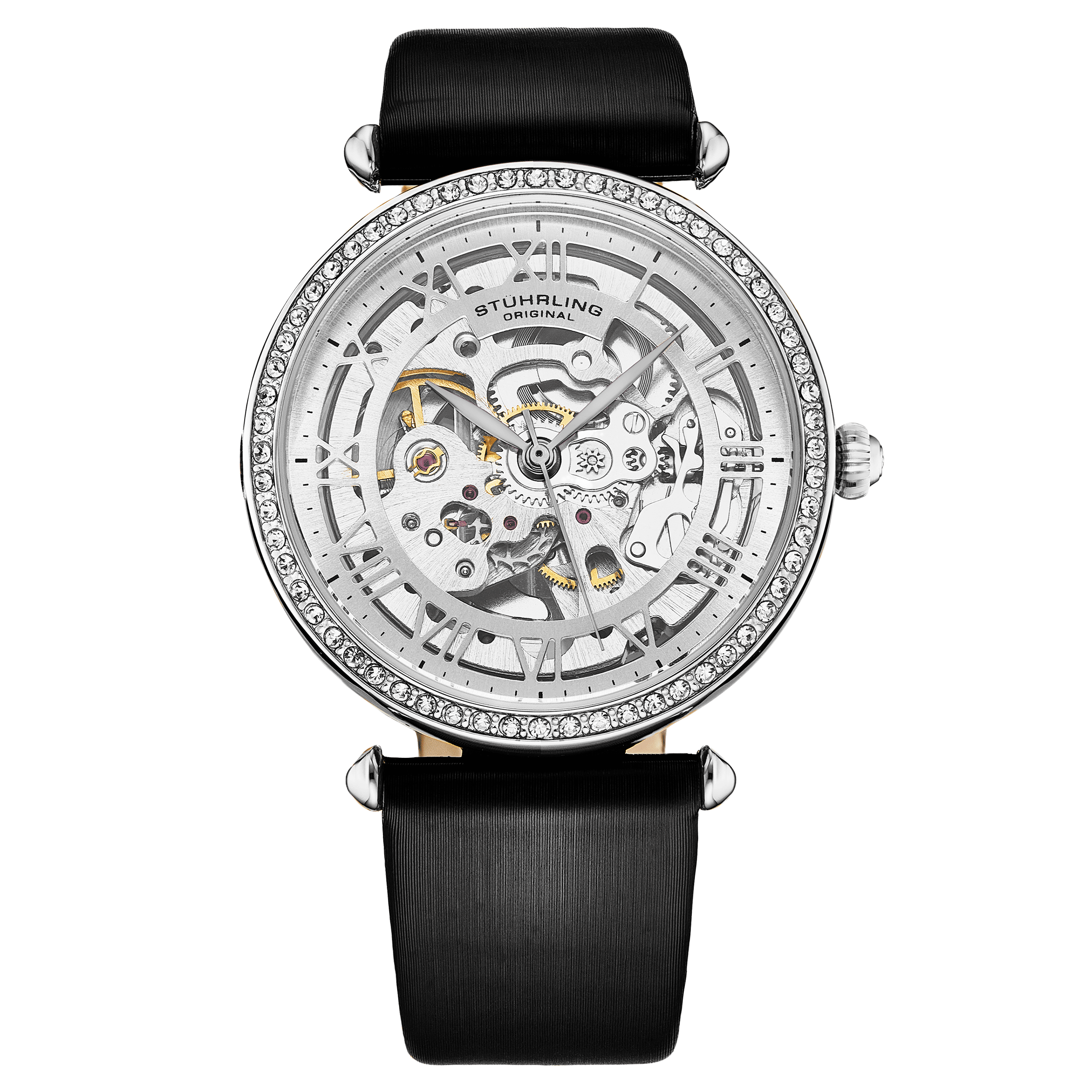 Stuhrling watch with black leather strap on a transparent background
