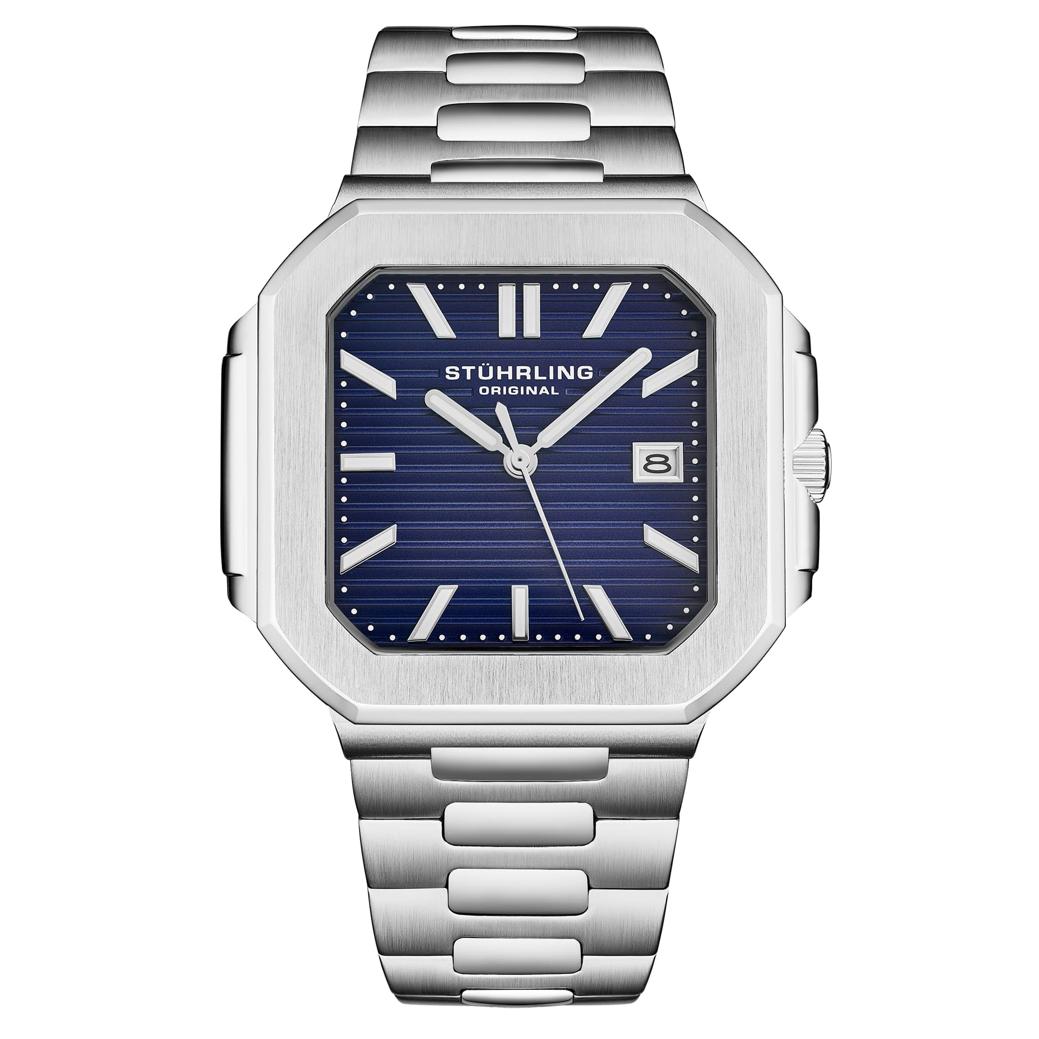 Silver Stuhrling watch with blue face on a white background