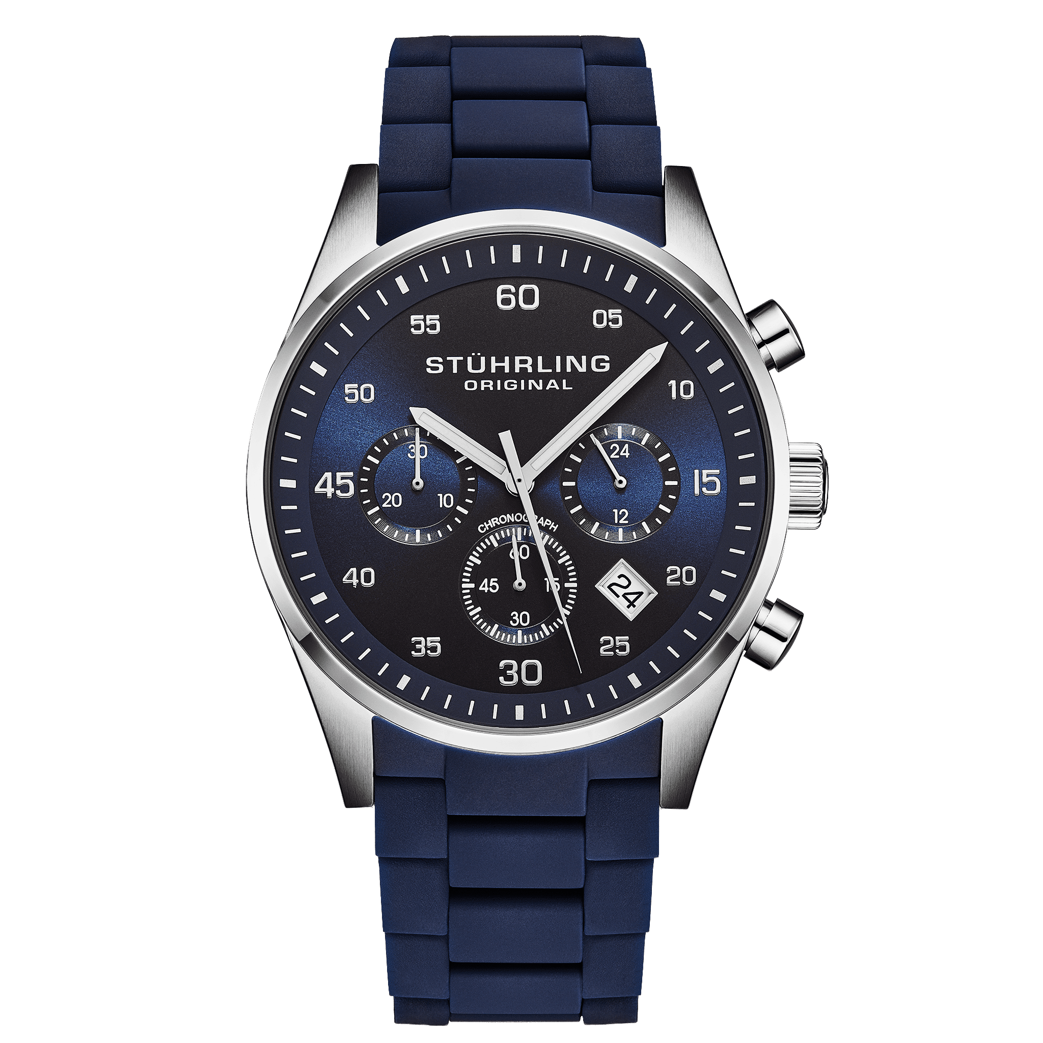 Stuhrling watch with blue strap and face on a green background