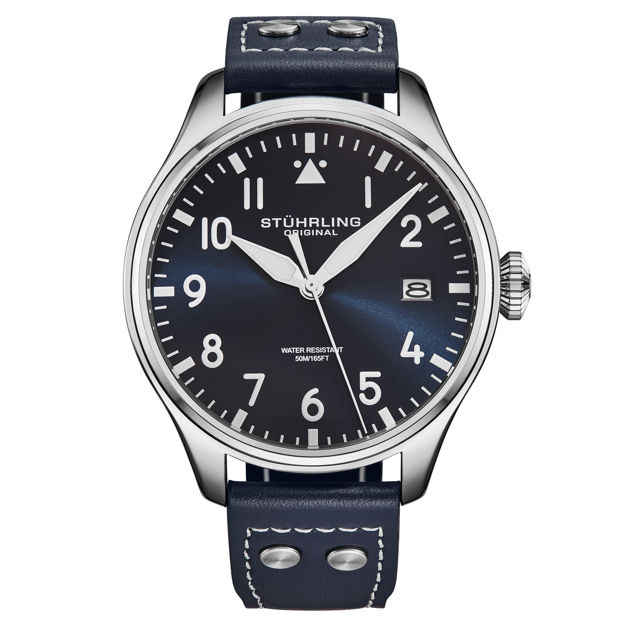 Stuhrling watch with blue strap and black dial on a white background