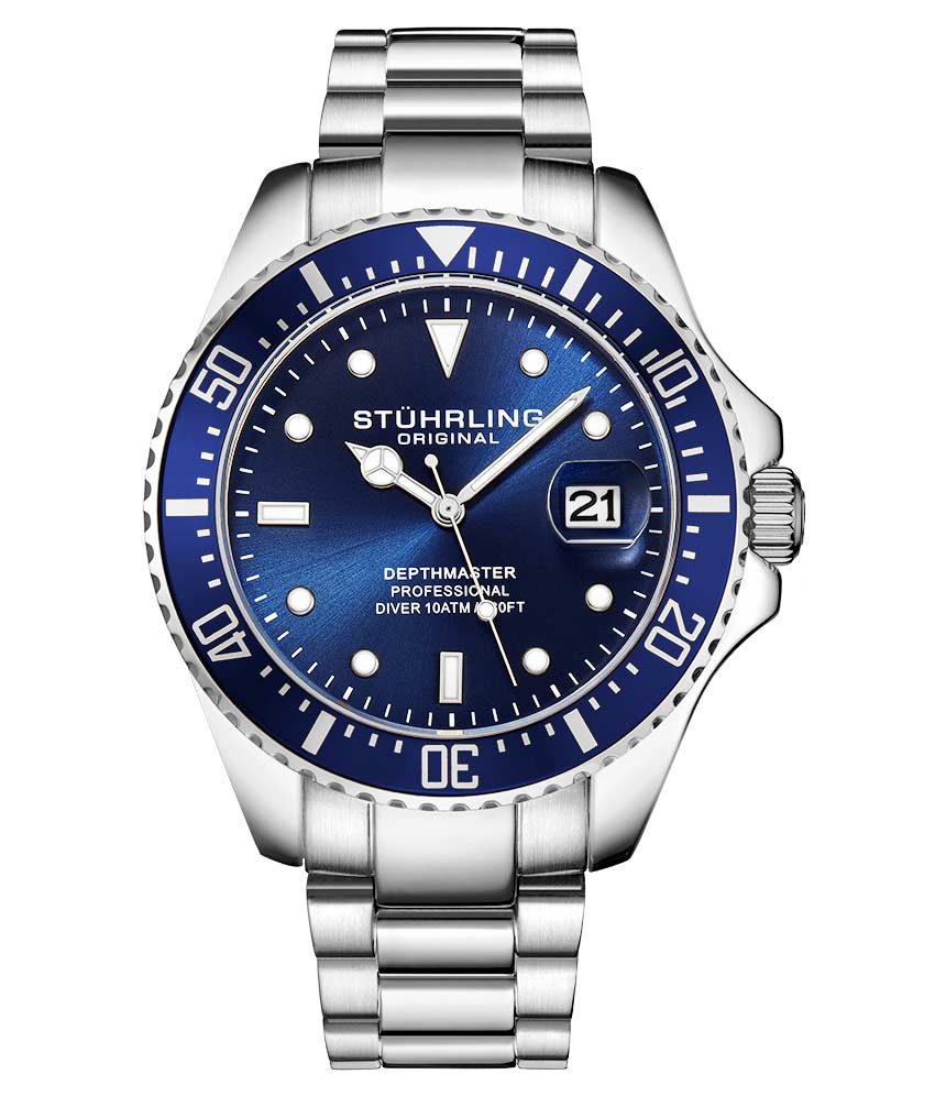 A Stühling watch with a blue dial, silver stainless steel bracelet, and silver case.