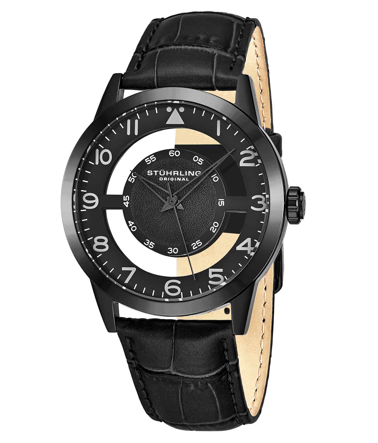 A Stühling watch with a black and brown alligator embossed genuine leather strap, a stainless steel bezel, and a black dial with white and gold accents.