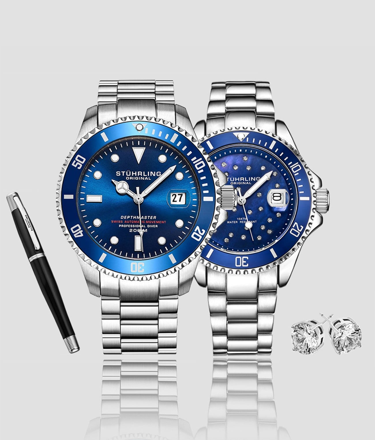 Deep Blue Divers Trio with Signature Pen and Stud Earring