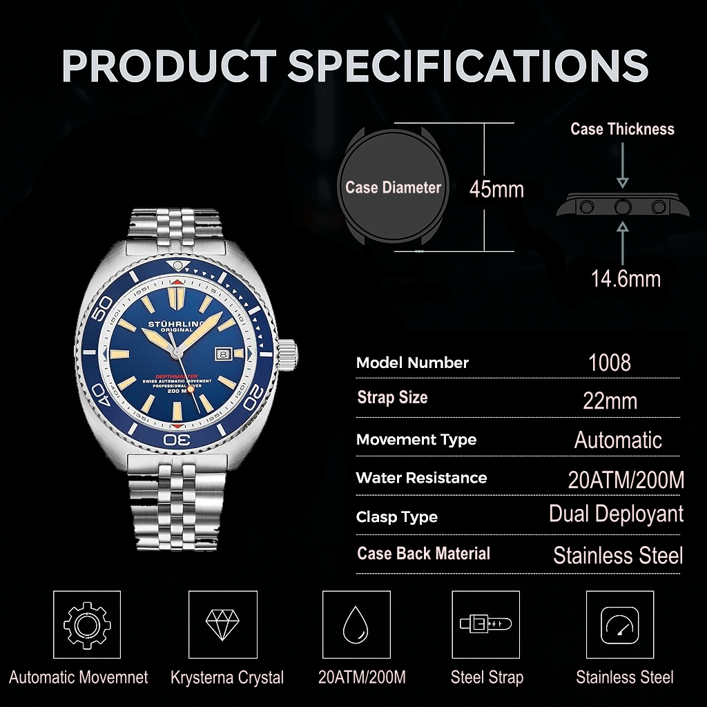 Stührling The Swiss Automatic Depthmaster 1008 45mm Diver