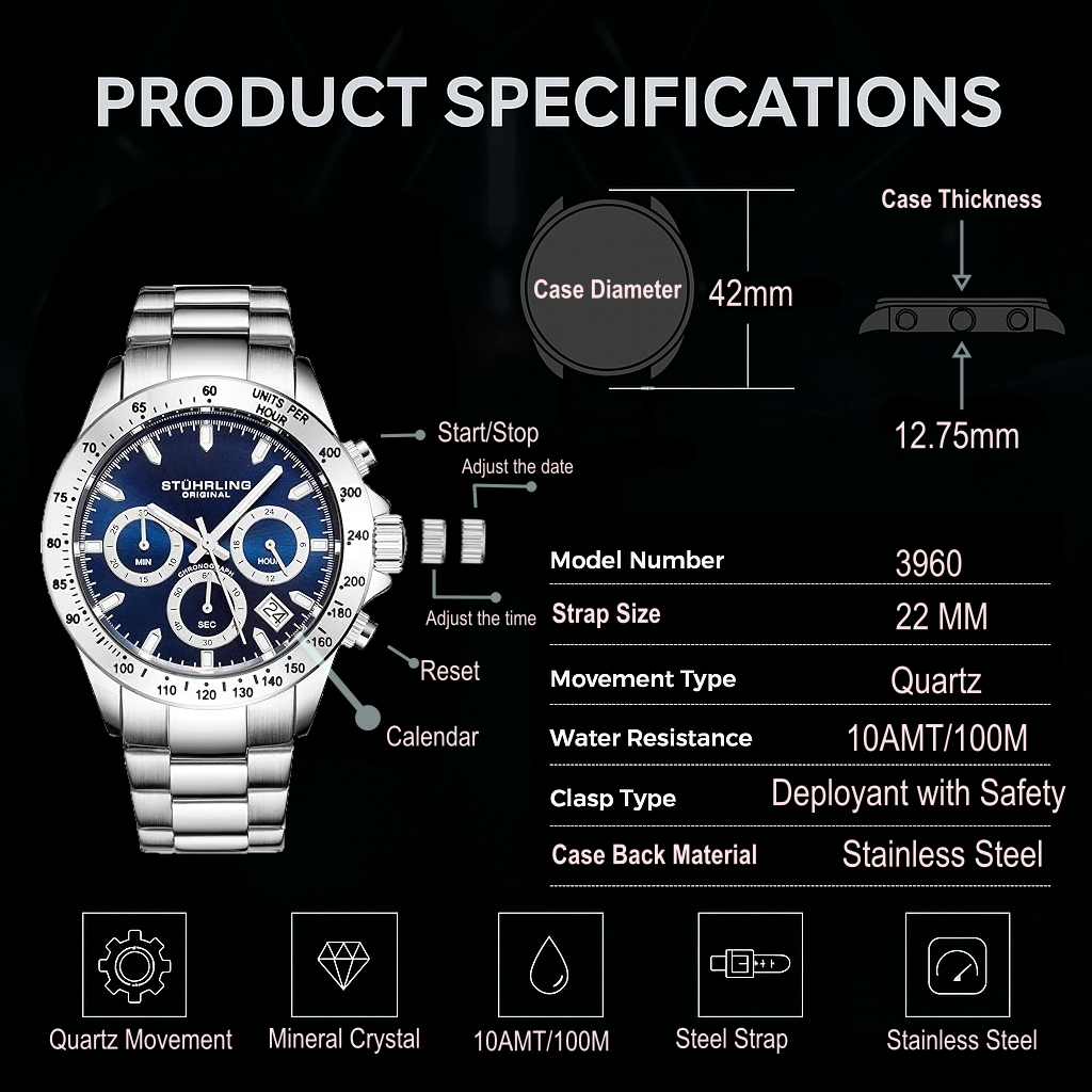 Stührling Ultima 3960 Quartz 42mm Chronograph