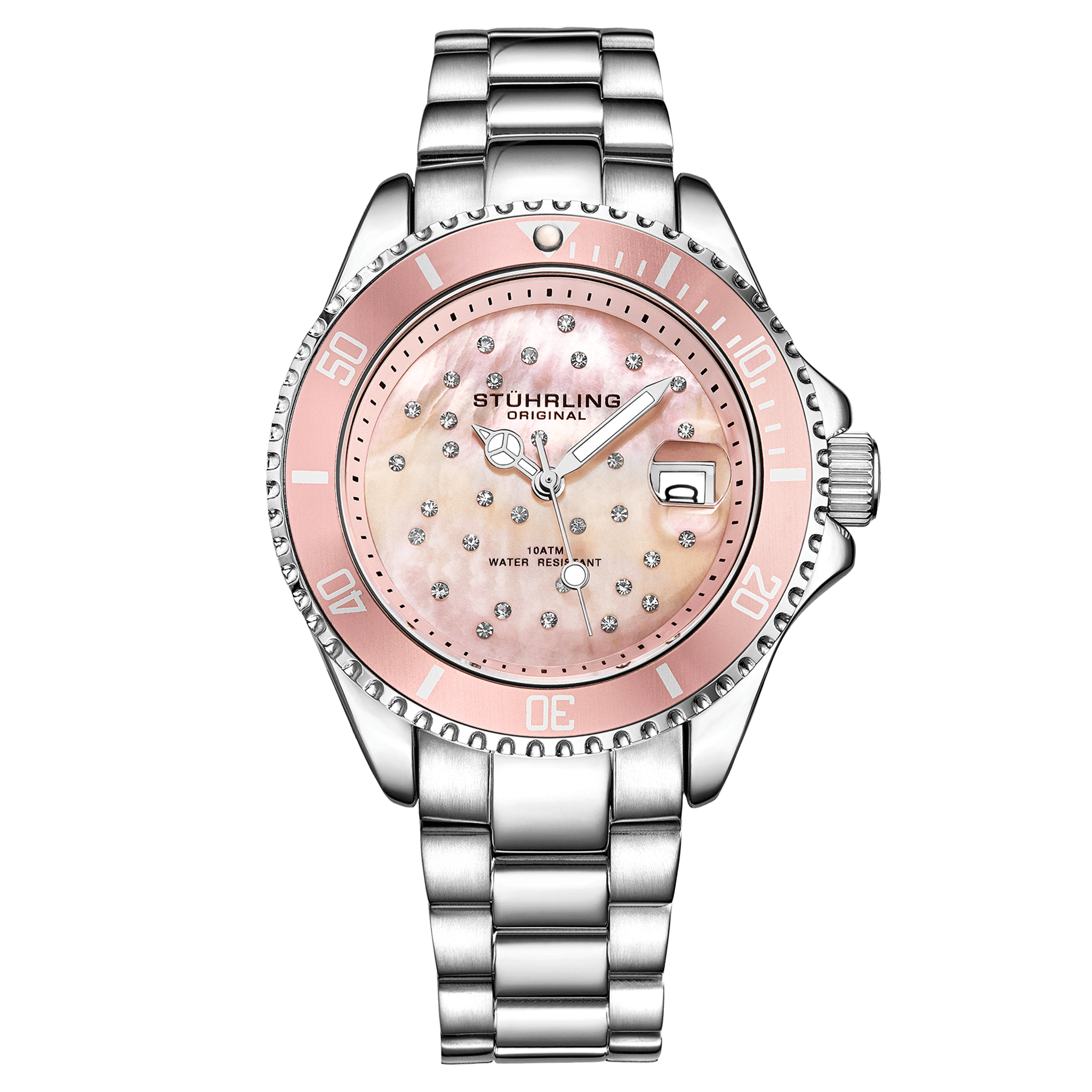 Silver watch with a pink face on a transparent background