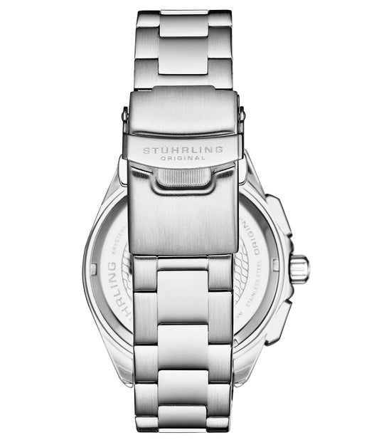 Close-up of Stuhrling silver stainless steel watch band showing polished links and clasp
