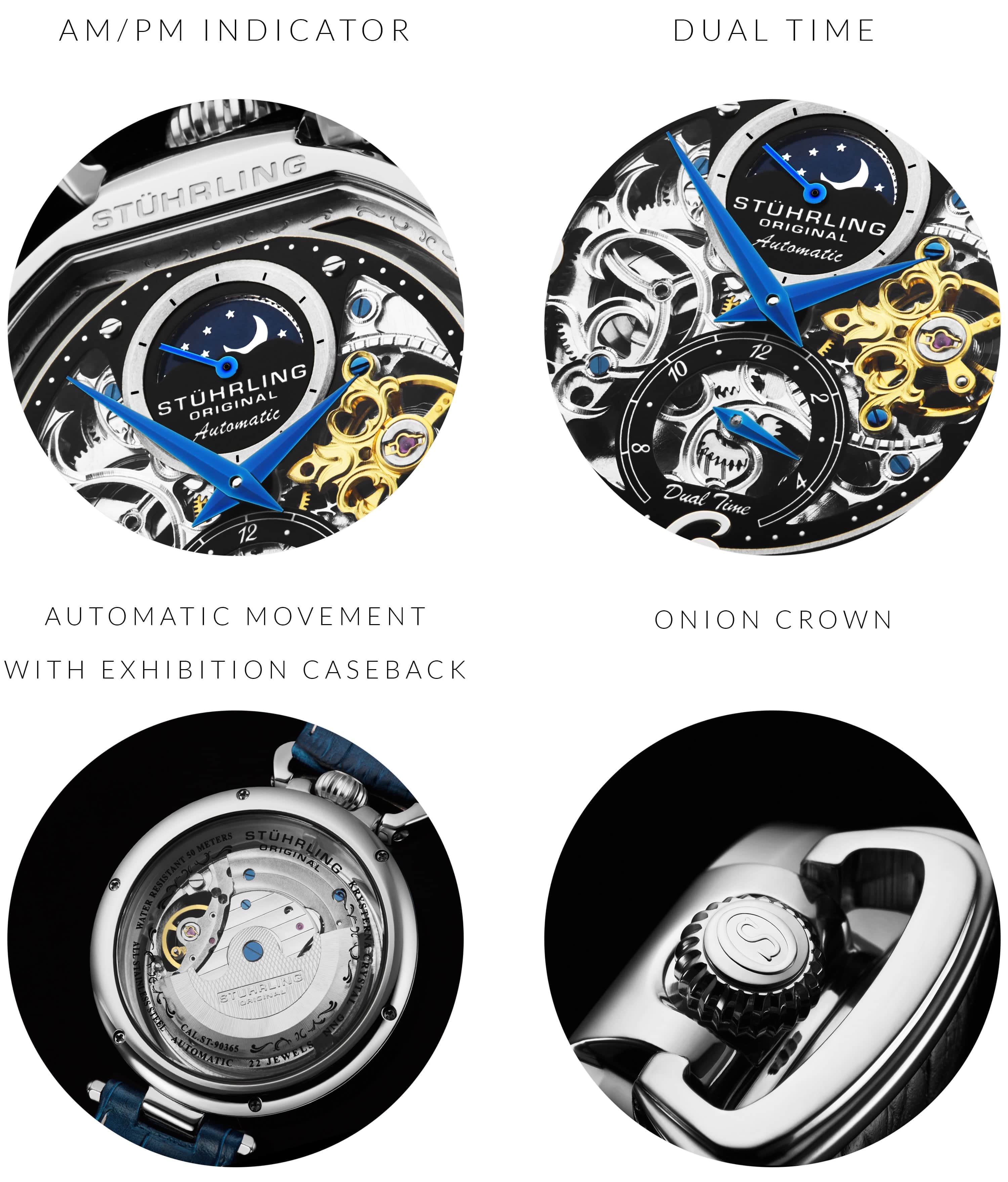 Stührling Modena 3954 Dual Time Automatic 46mm Skeleton