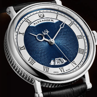 Luxury watch with blue face and silver case on a black background