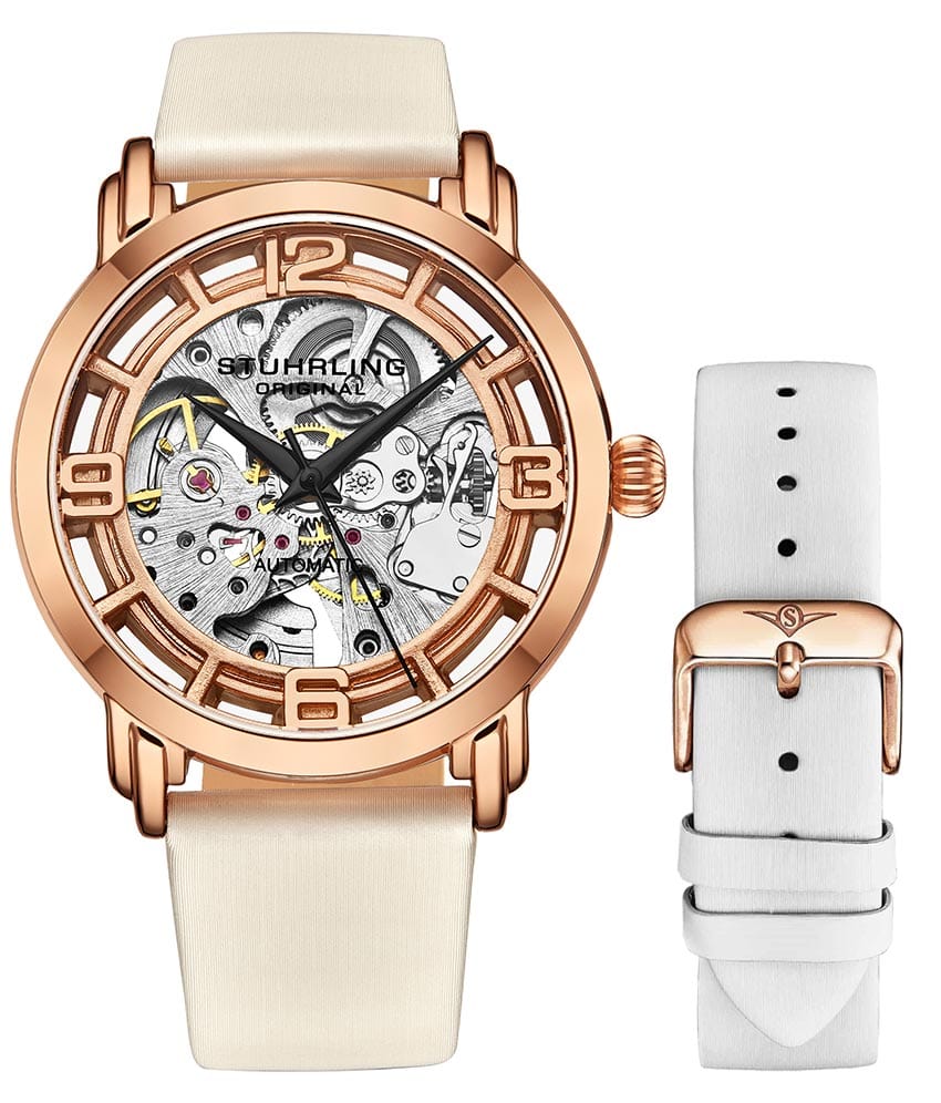 Winchester 3982 Automatic 40mm Skeleton + White Leather Strap