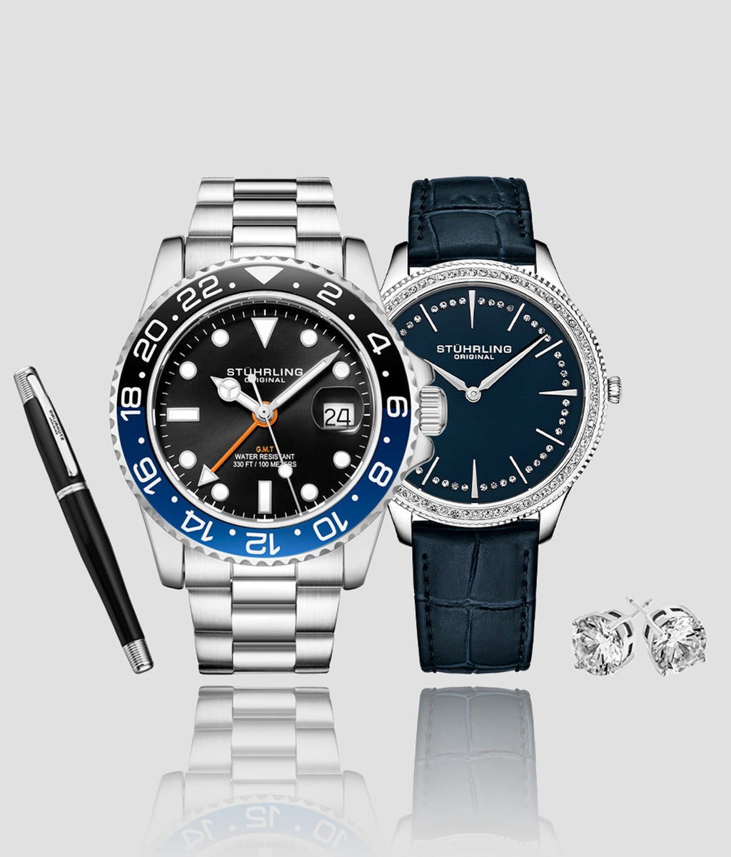Stuart Watch Models Stuhrling Diver and Dress Watch Set with Signature Pen and Earrings