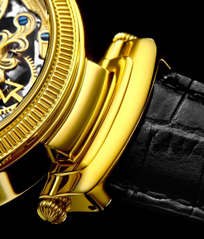 Gold Dial / Gold Case / Black Leather Strap Yellow Gold Layered Tang Buckle