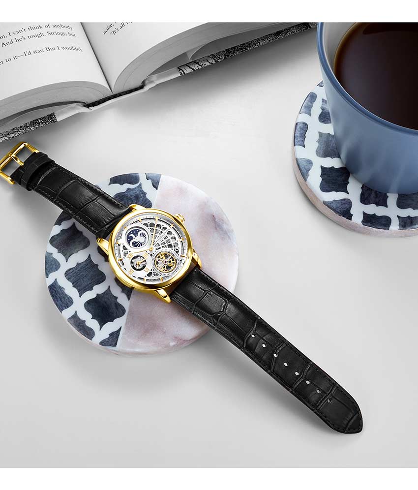 Silver Dial / Gold Case / Black Leather Strap Gold Layered Tang Buckle