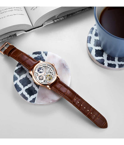 Silver Dial / Rose Case / Brown Leather Strap Rose Gold Layered Tang Buckle